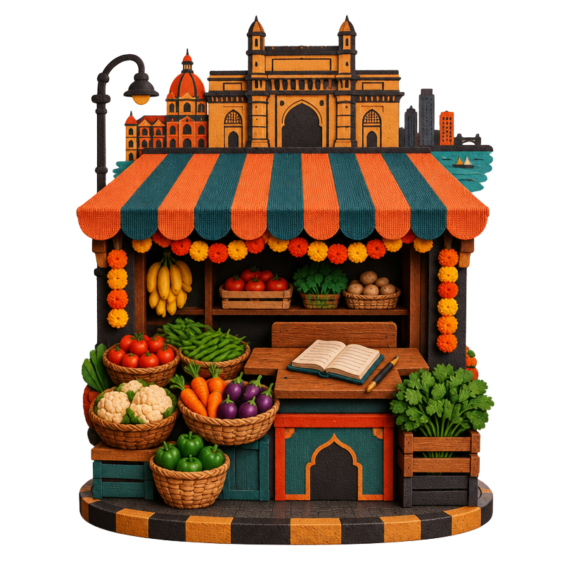Illustrated Mumbai market stall with the Gateway of India